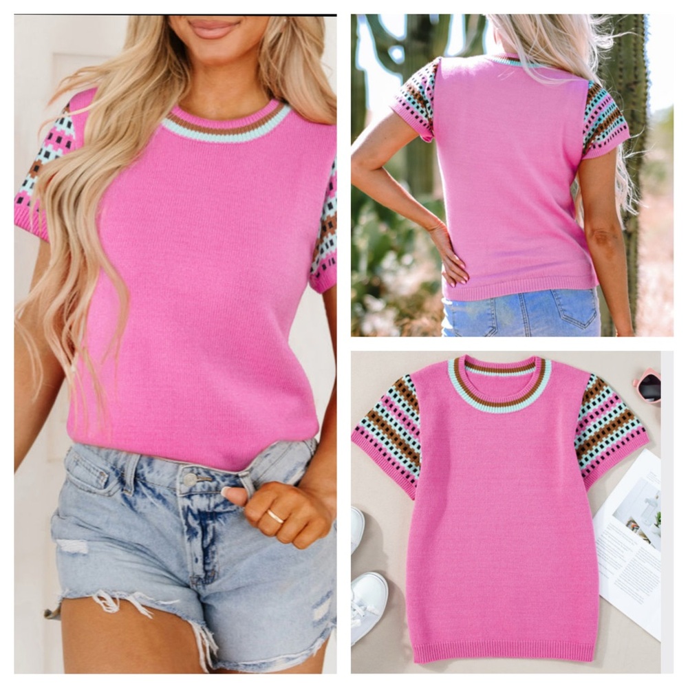 Pink Knit Short Sleeve Sweater Top – M